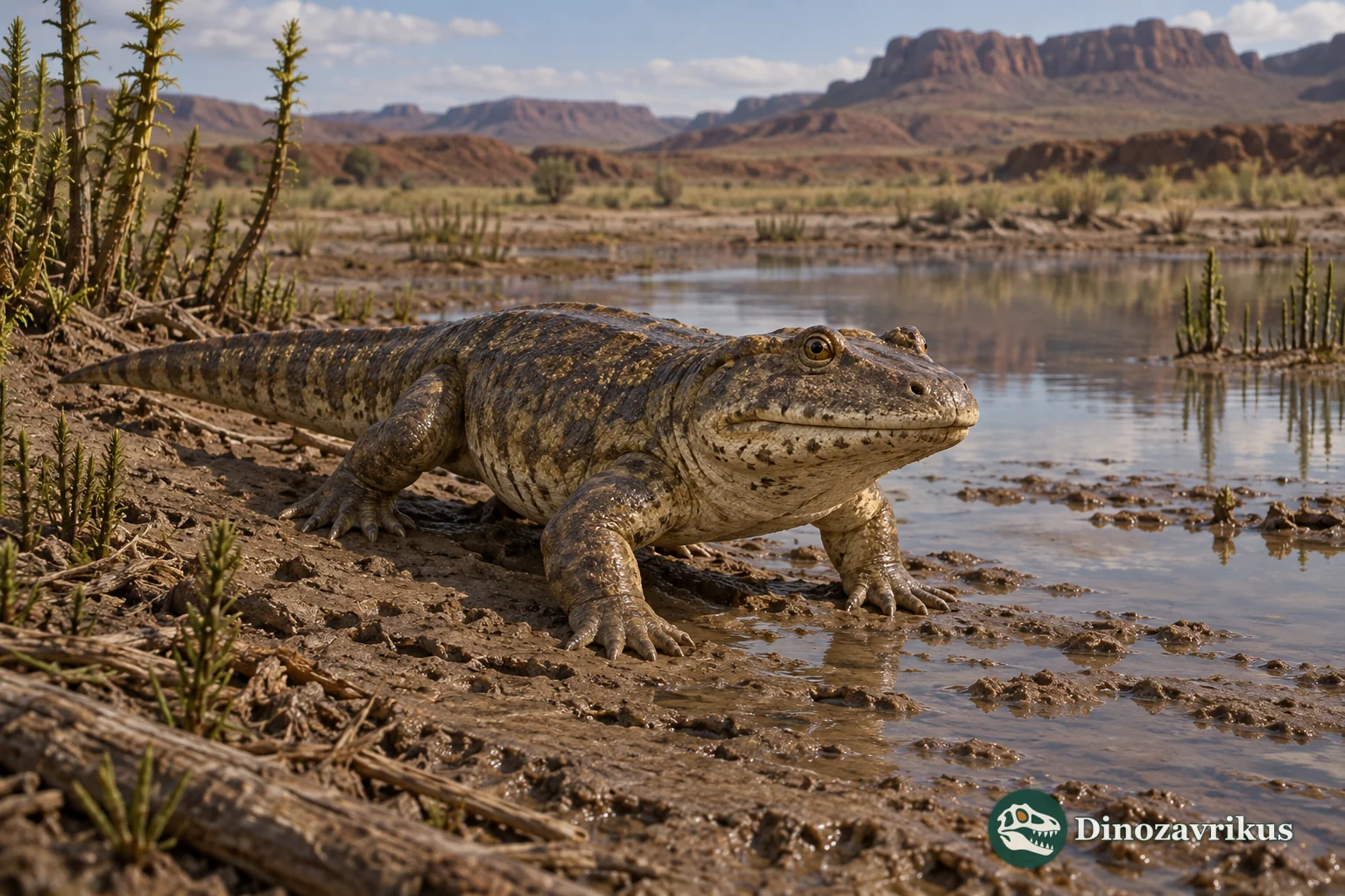Lydekkerina huxleyi walking at the edge of an Early Triassic Karoo floodplain pool
