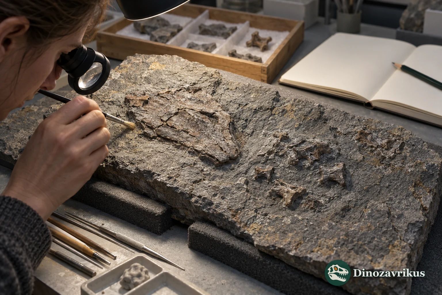 Conceptual museum scene showing preparation of a temnospondyl fossil nodule with fragmentary bones