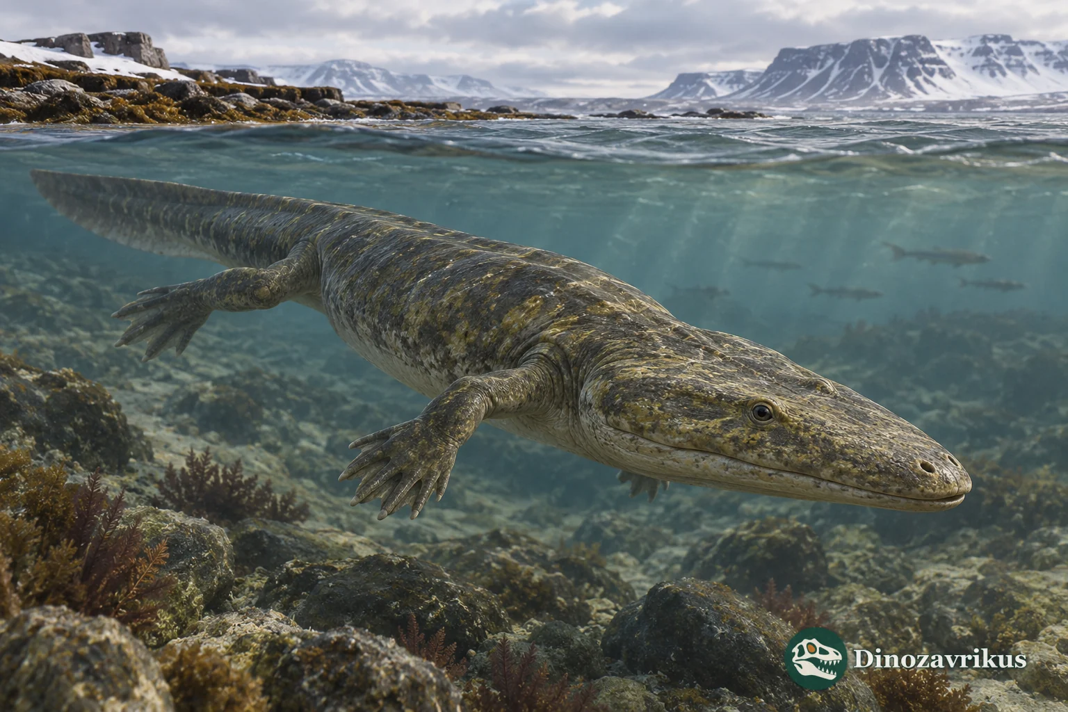 Artistic reconstruction of Lyrocephaliscus euri swimming in shallow Early Triassic water near Svalbard