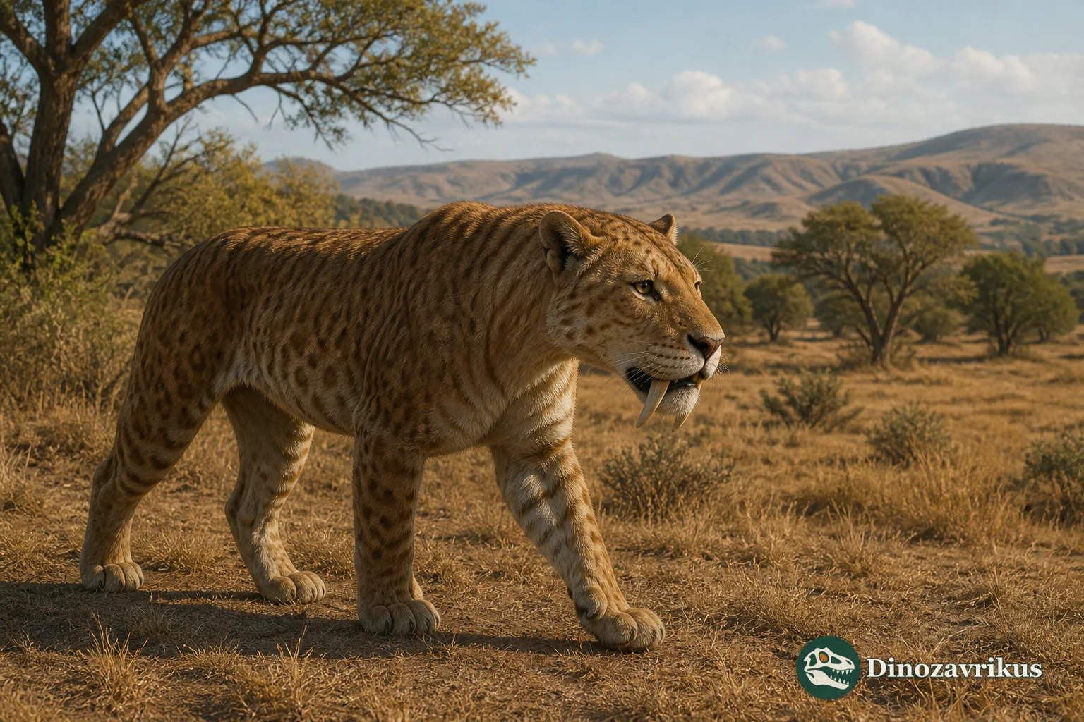 Machairodus aphanistus, an early scimitar-toothed cat walking through a late Miocene woodland