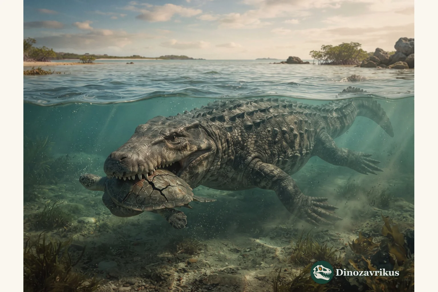 Machimosaurus swimming above a sea turtle in a shallow Jurassic coastal sea