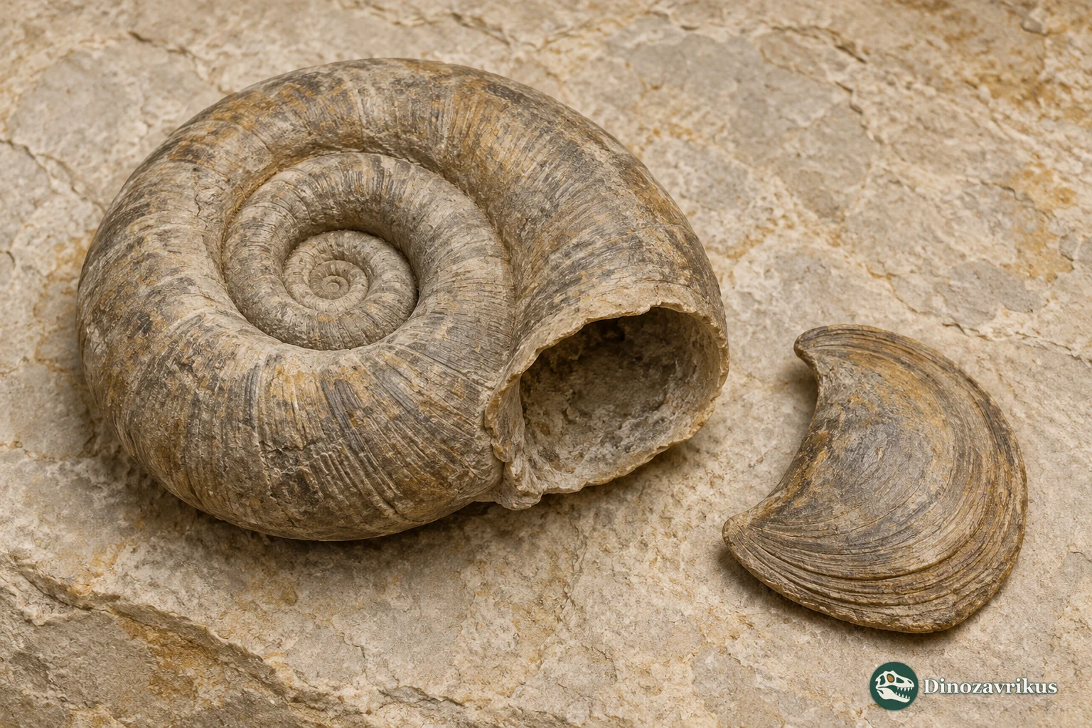 Illustrative museum slab with Maclurites shells and a separate operculum