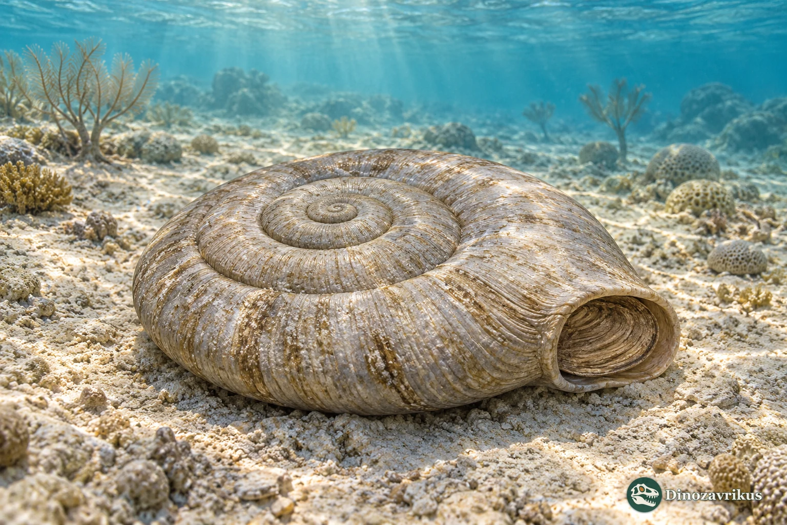 Scientific reconstruction of the Ordovician gastropod Maclurites with a large coiled shell on the seafloor