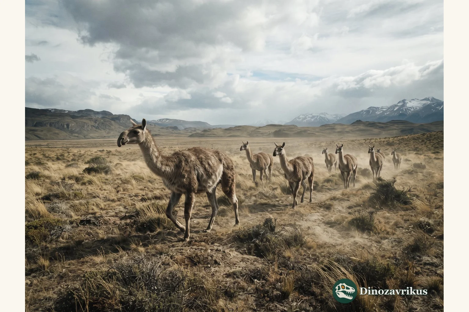 Macrauchenia reconstructed among other litopterns on an open South American plain