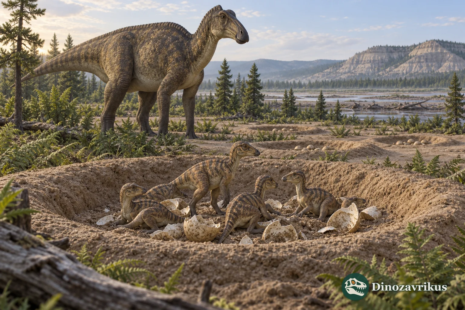 Maiasaura hatchlings in a nest with an adult nearby