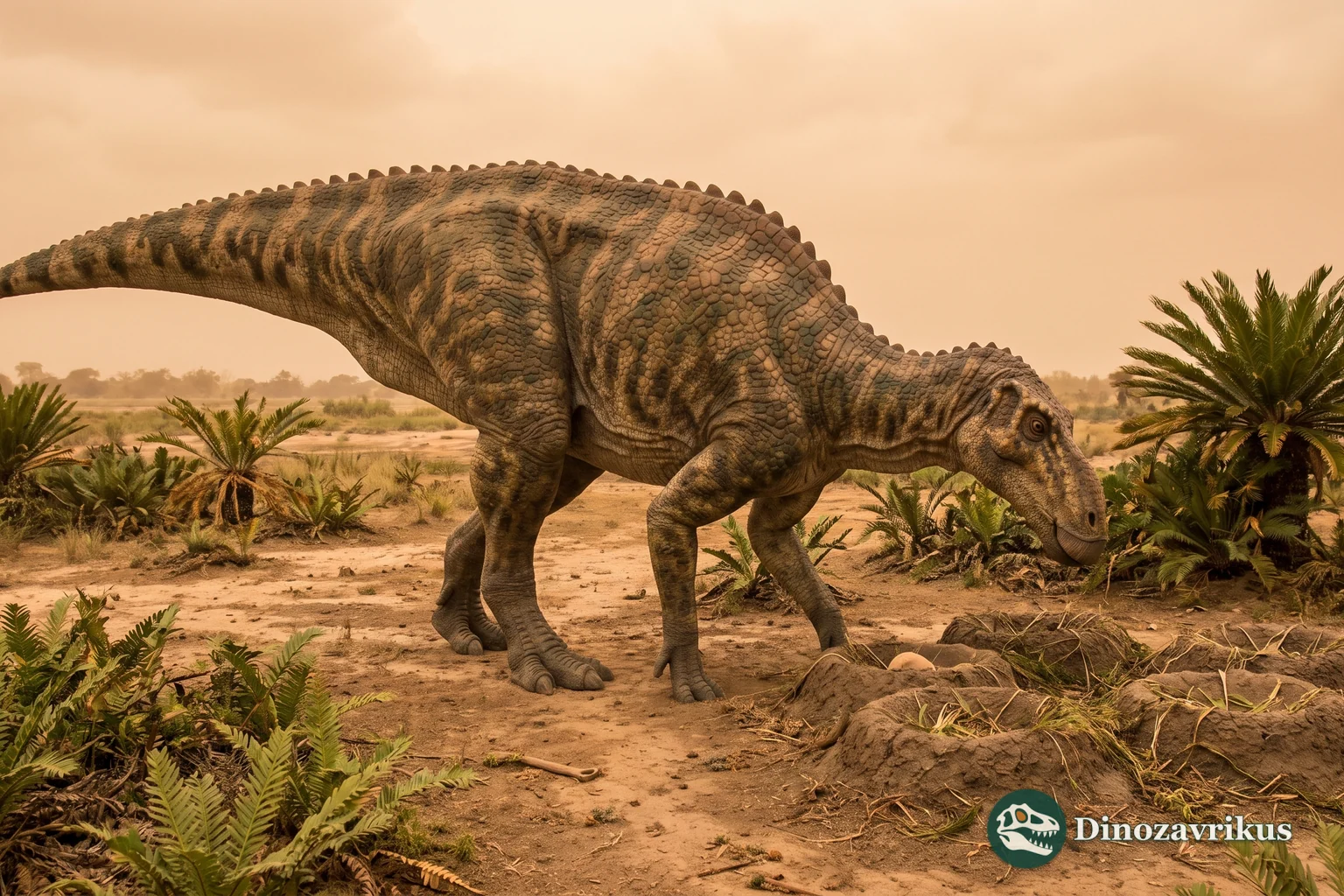 Reconstruction of Maiasaura near a shallow nest