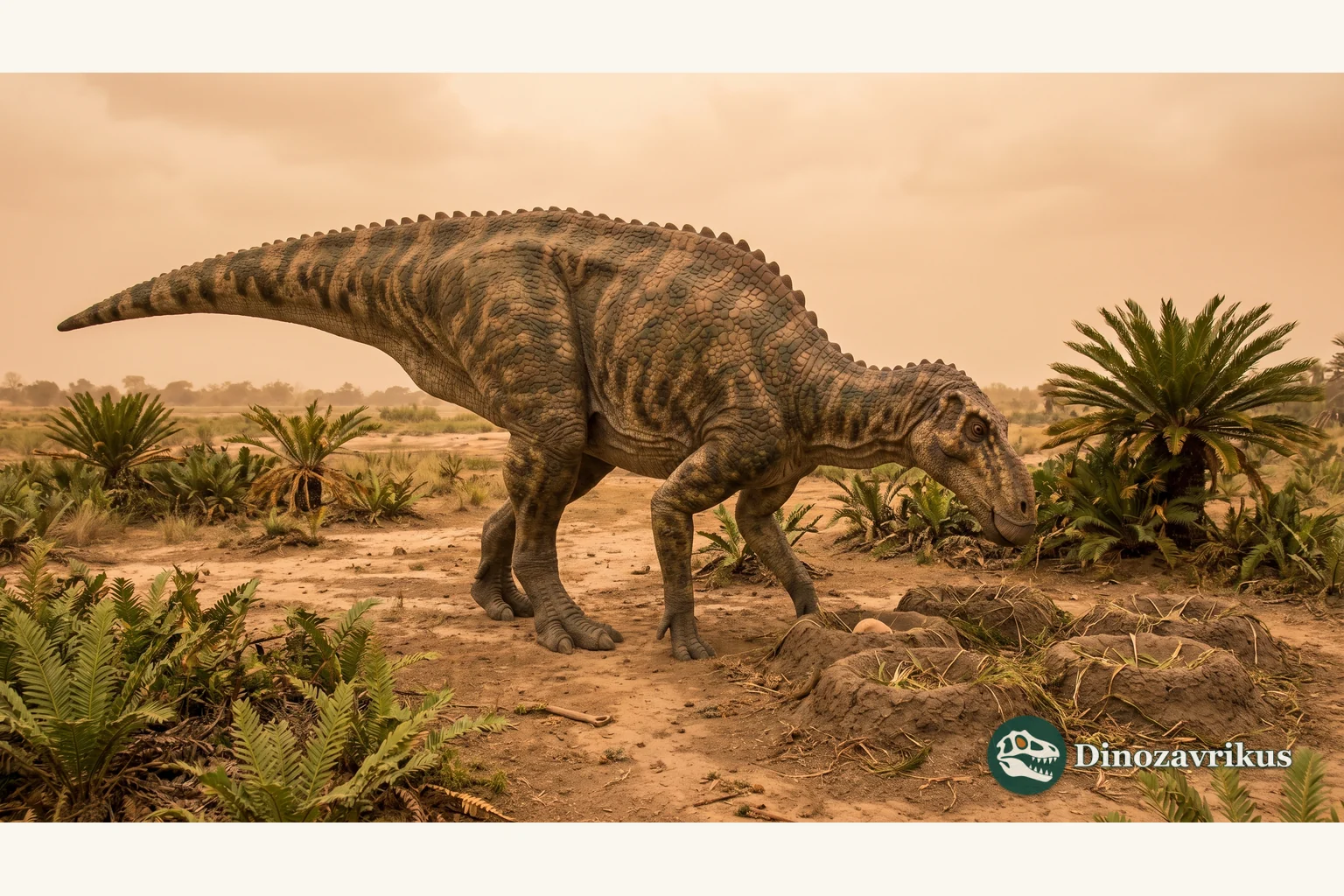 Reconstruction of Maiasaura near a shallow nest