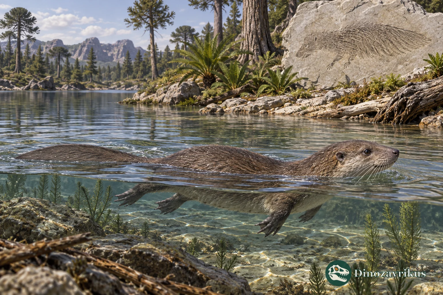 Artistic reconstruction of the furred Jurassic mammaliaform Castorocauda swimming beside a fossil impression