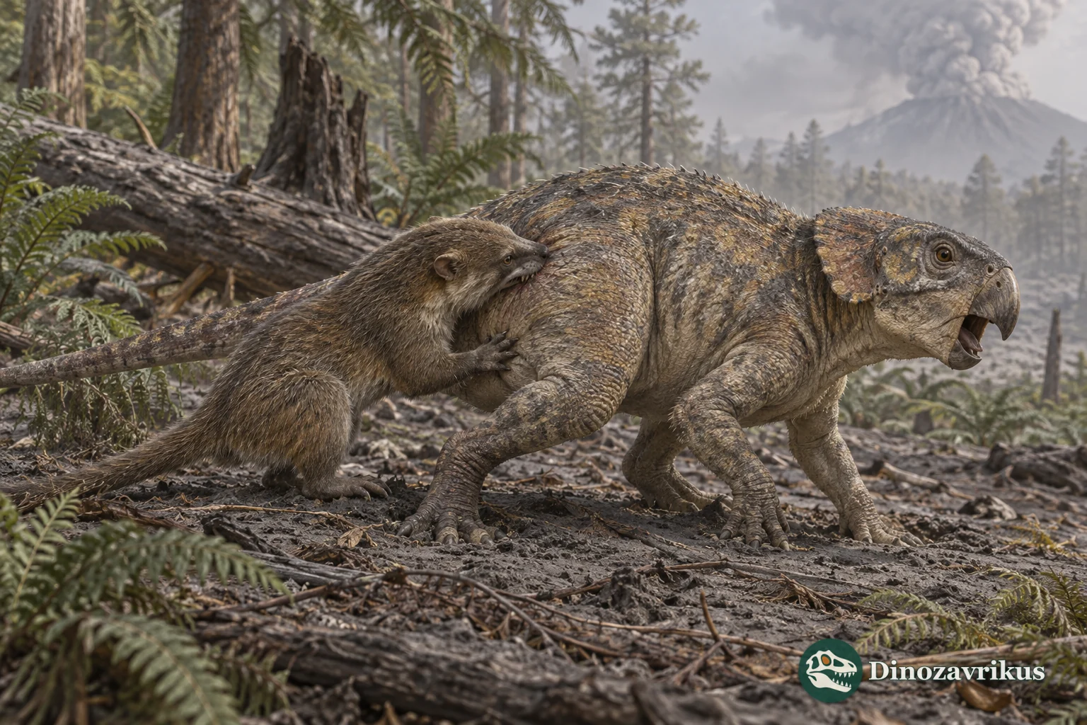 A small Repenomamus mammal attacking a larger Psittacosaurus in an Early Cretaceous forest