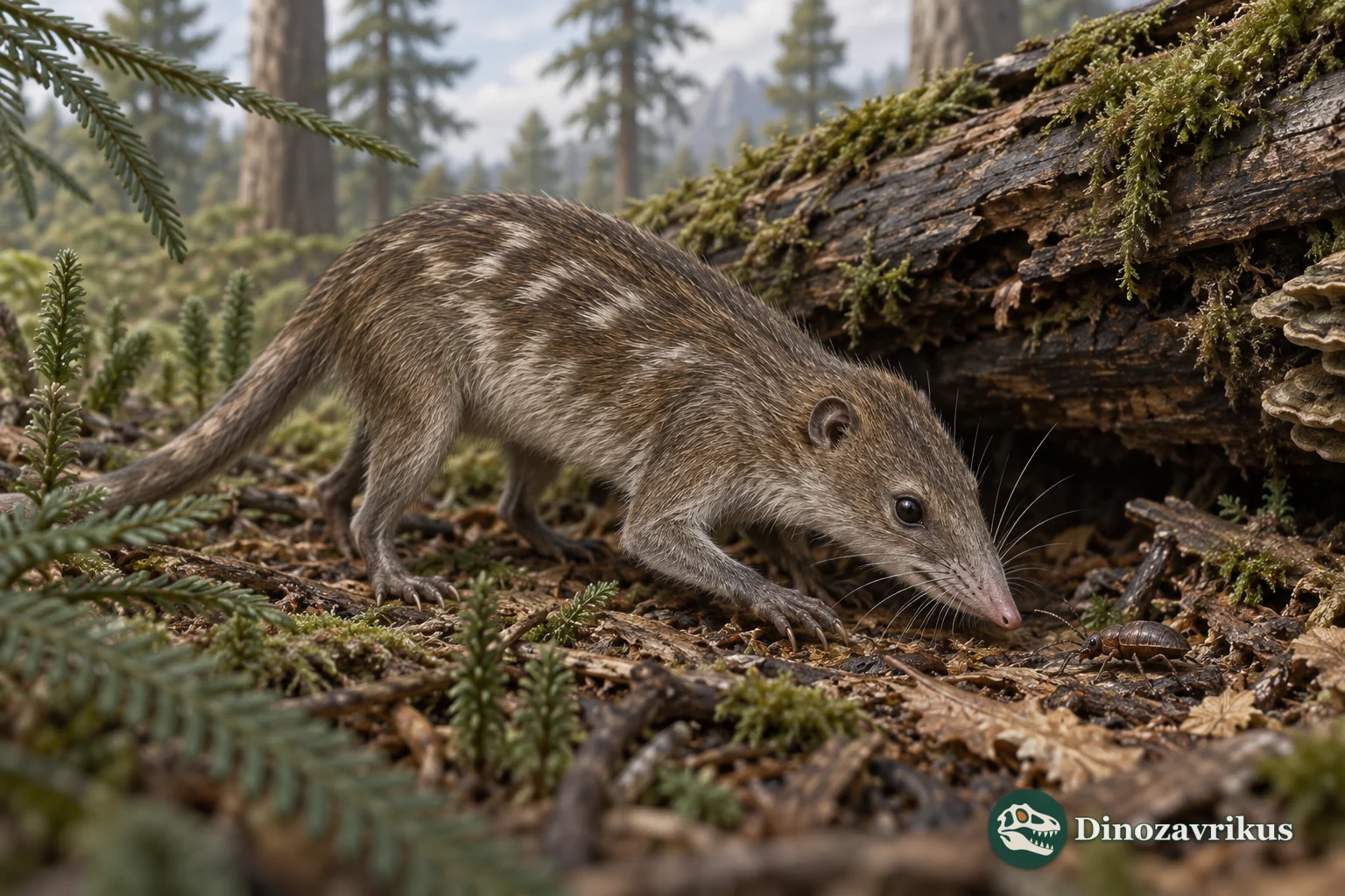 A small furred Jurassic mammaliaform foraging beside a fallen log in a conifer-rich forest