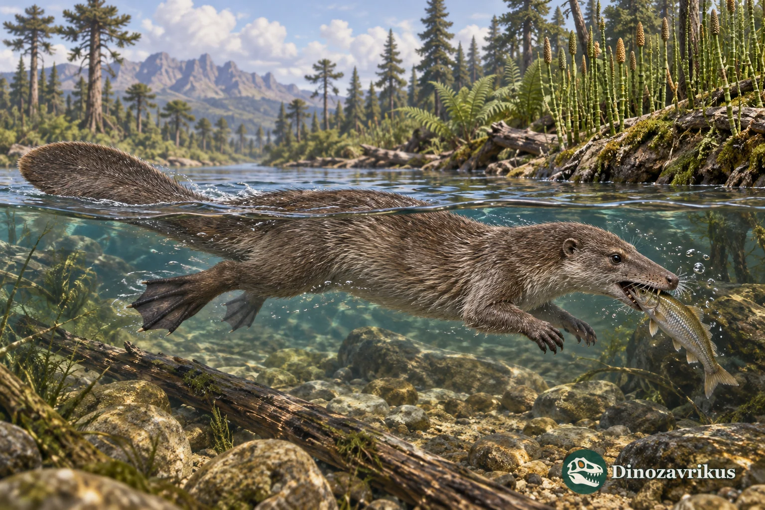 A furred Castorocauda-like mammaliaform swimming through a Jurassic freshwater stream with a fish in its jaws