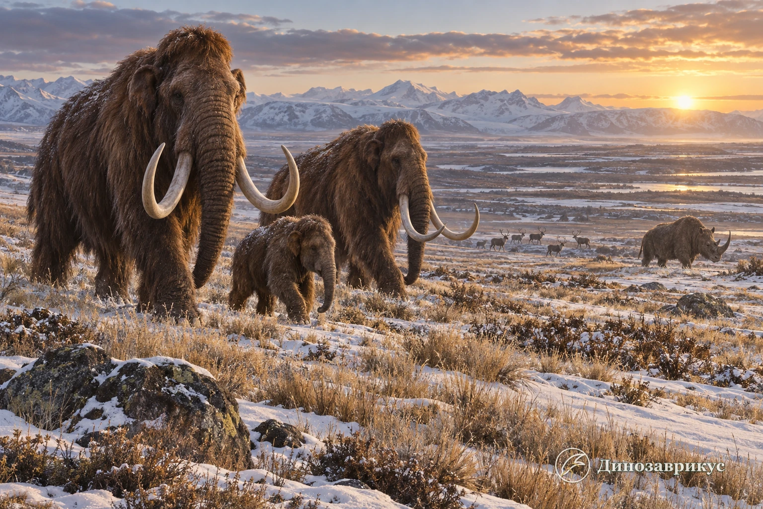 A woolly mammoth and a woolly rhinoceros feeding on a windswept Pleistocene steppe
