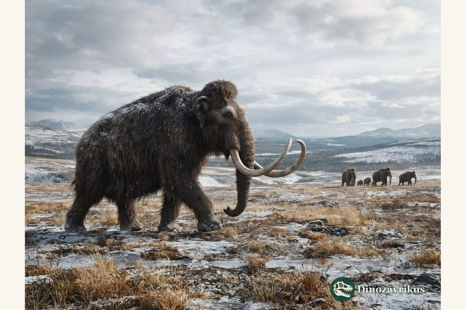 Woolly mammoths crossing a cold Pleistocene steppe