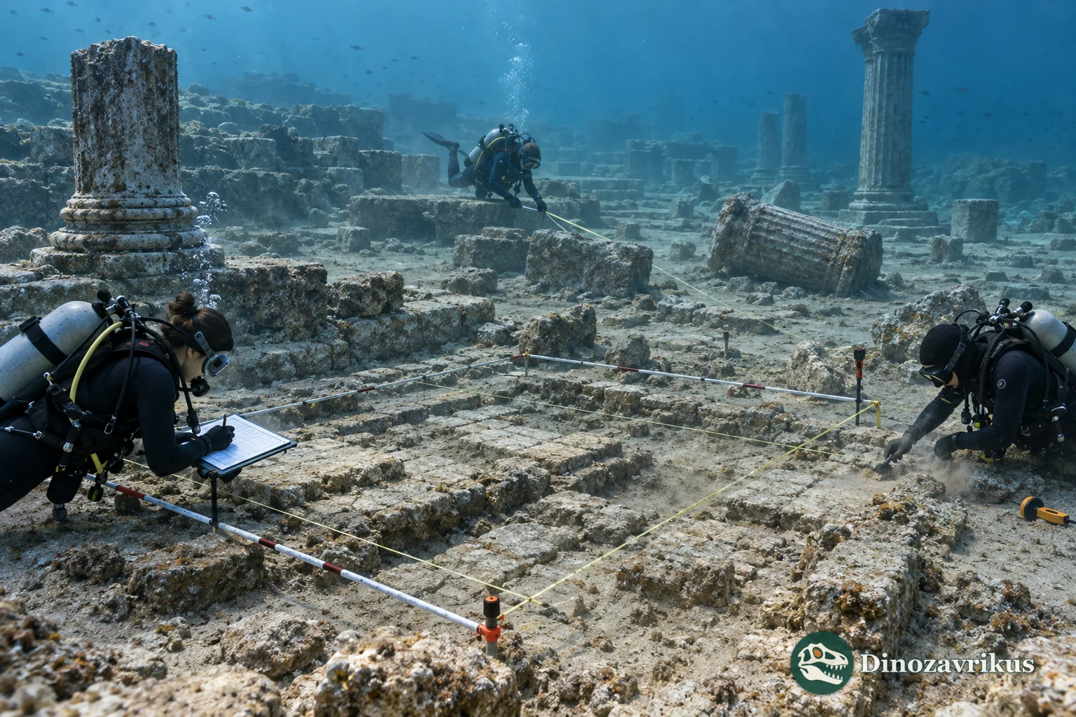 Archaeological divers mapping stone foundations and columns at an ancient submerged Mediterranean site