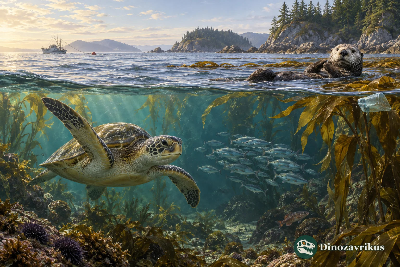 A sea turtle and sea otter inhabit a kelp coast where fishing and plastic are visible in the distance