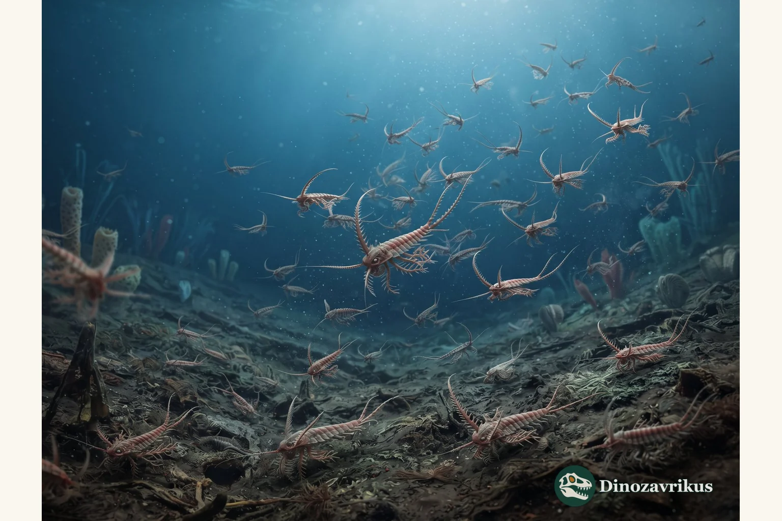 Many small Marrella arthropods with paired head spines swimming above the Wuliuan Burgess Shale seafloor