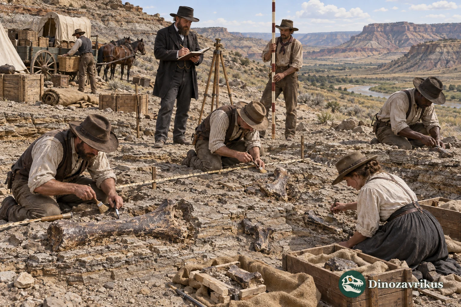 Othniel Marsh's field workers document dinosaur bones in the American West