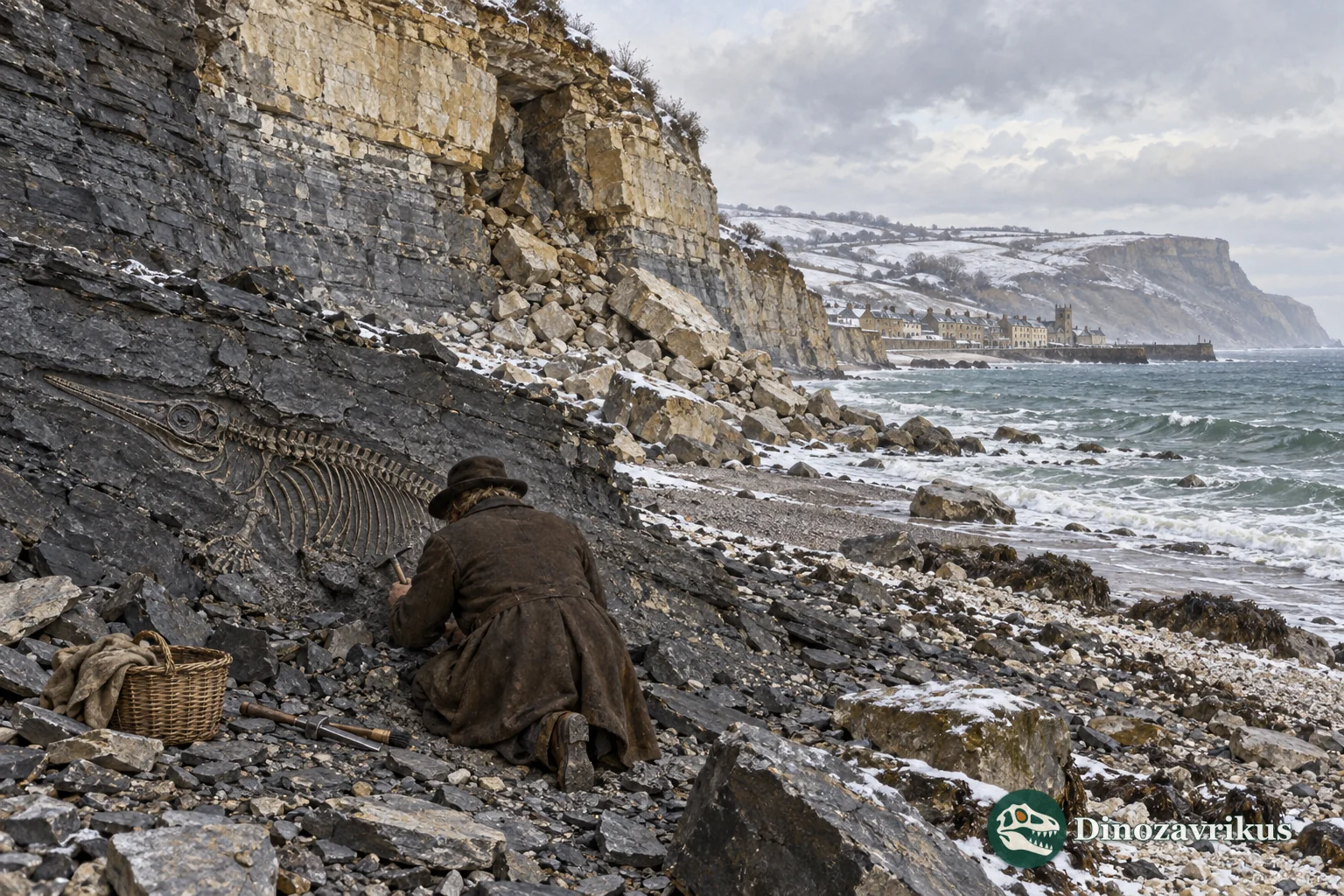 Illustrative Lyme Regis coastline with a fossil hunter examining a marine reptile in the rock