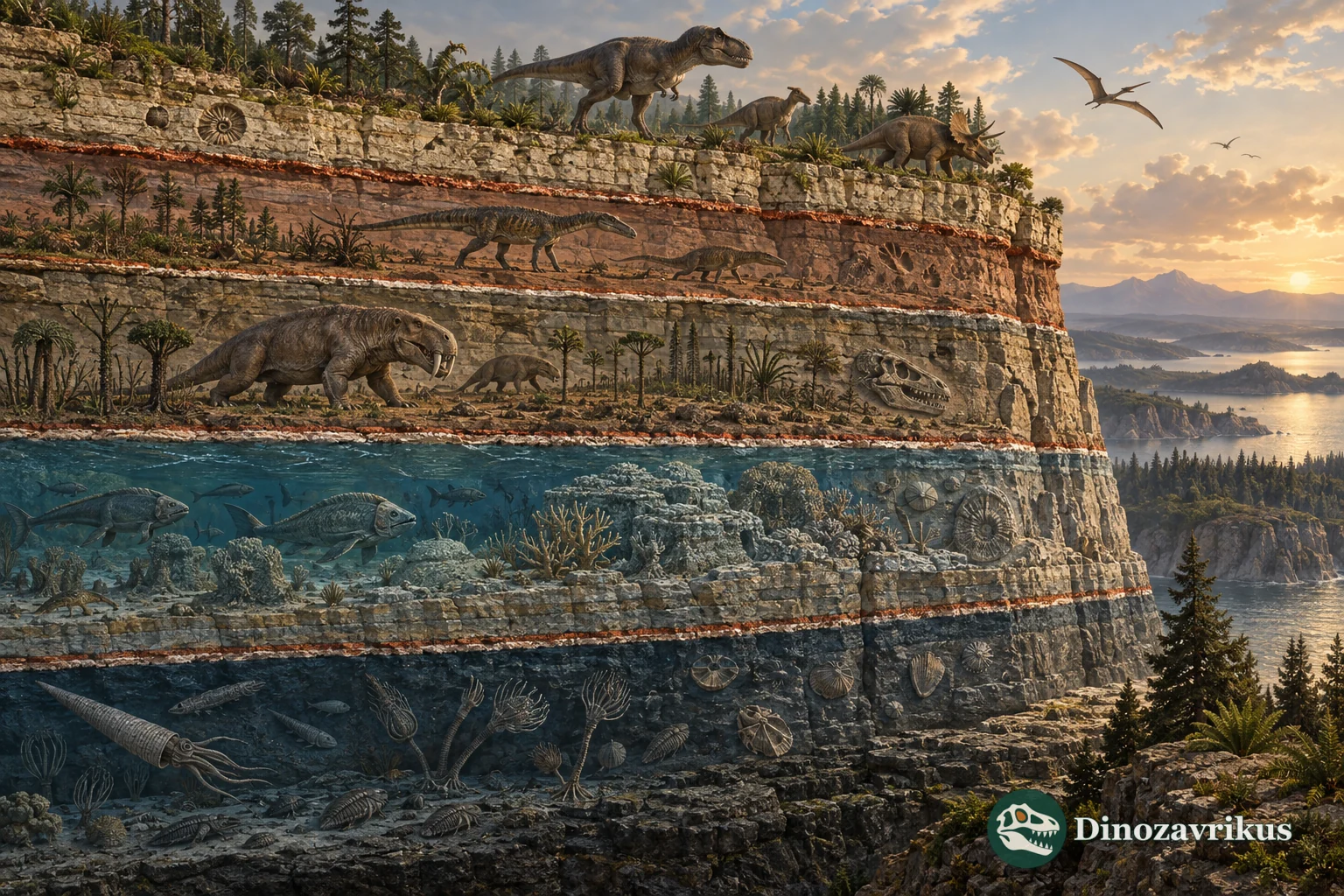 Conceptual fossil-bearing rock column representing repeated biological crises through the Phanerozoic