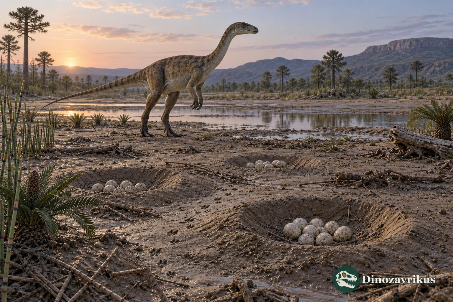 Reconstructed Massospondylus nesting ground with several clutches on a floodplain