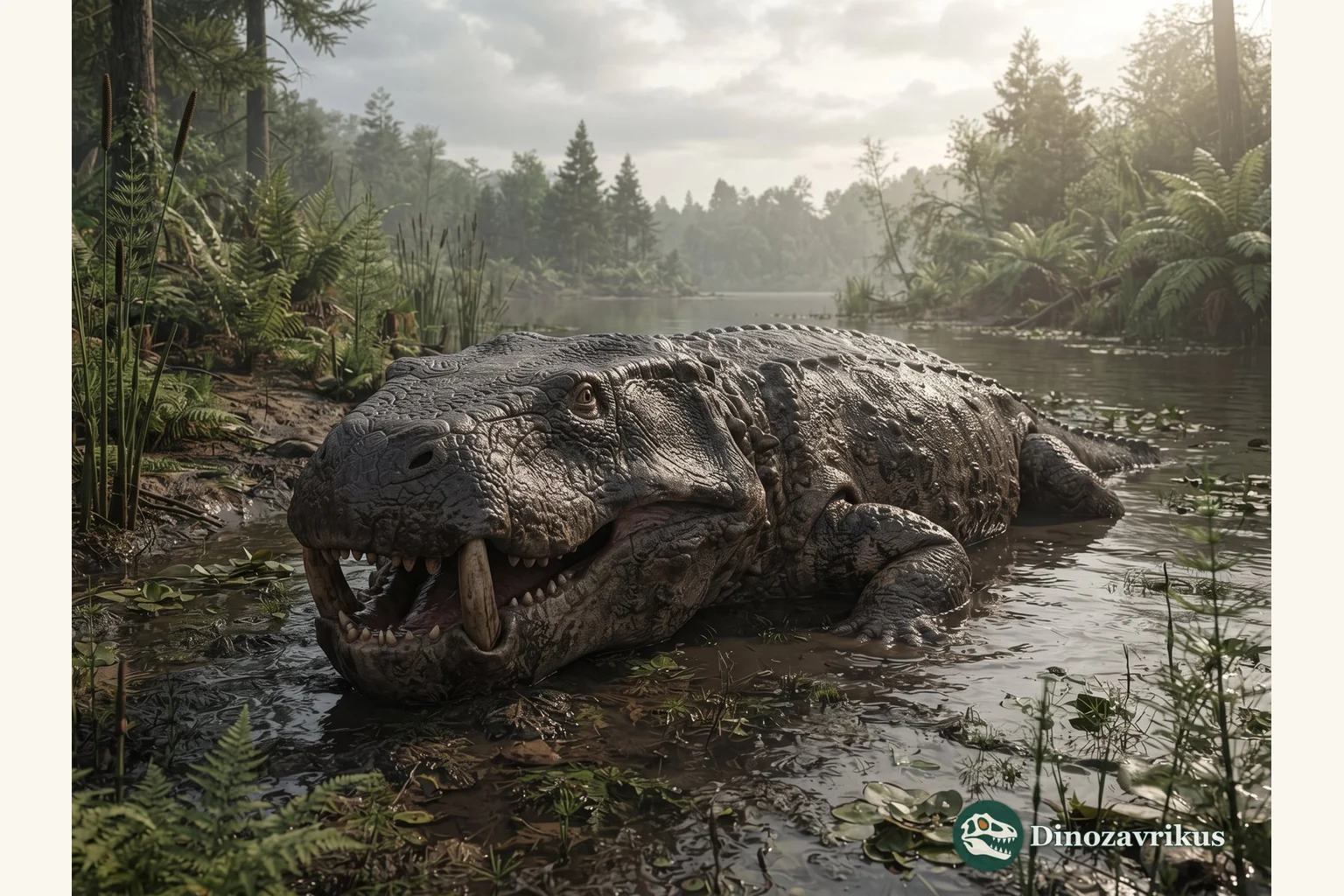Mastodonsaurus resting in shallow water in a Middle Triassic lake