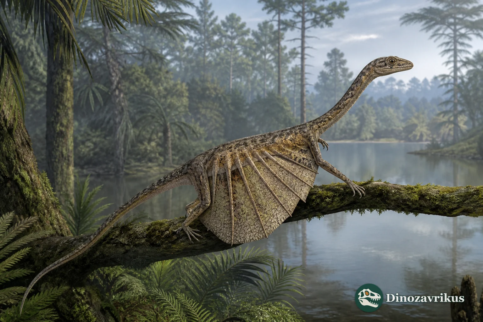 Mecistotrachelos apeoros gliding between trees above a Triassic lake