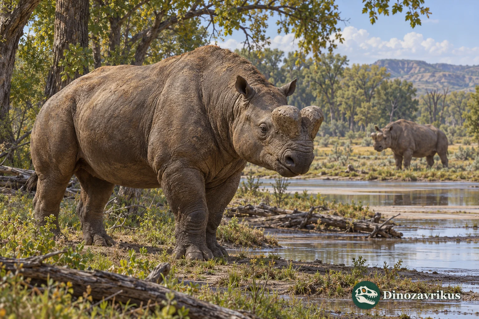 Two Megacerops in an imagined late Eocene floodplain woodland