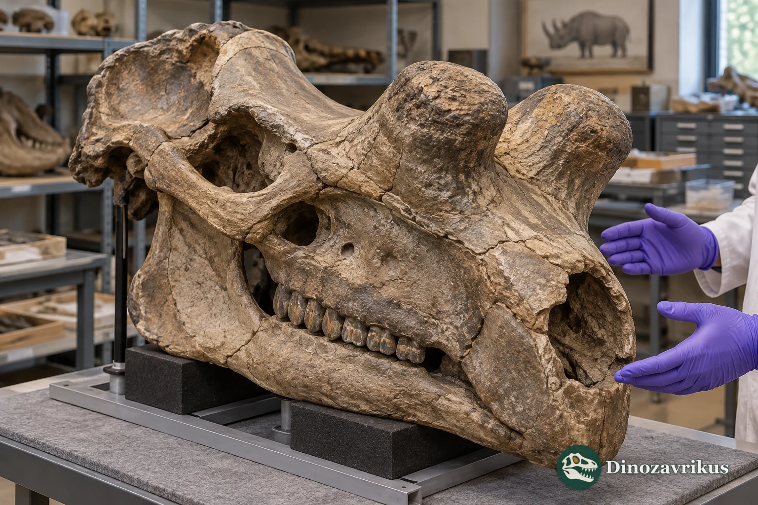 Educational reconstruction of a Megacerops skull in a collection study room