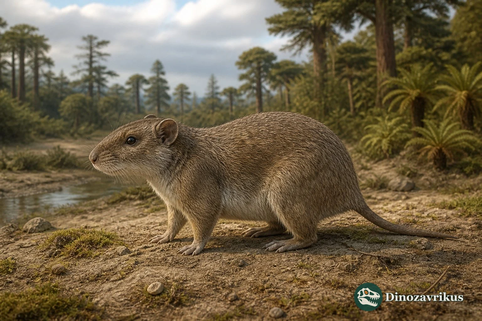 Megacricetodon reconstructed in low vegetation near a Miocene lake margin