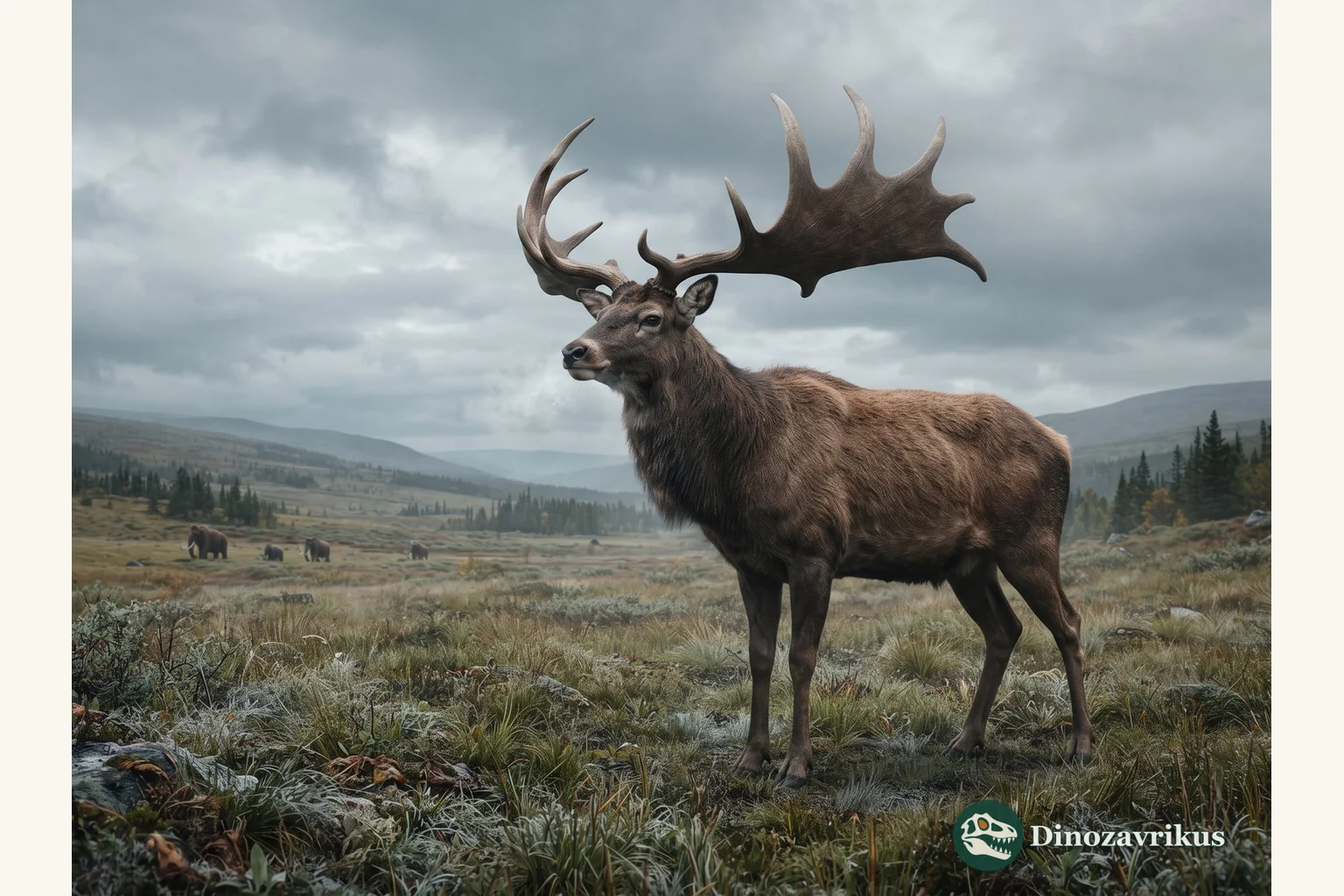Megaloceros giganteus with broad palmate antlers in an open Eurasian landscape