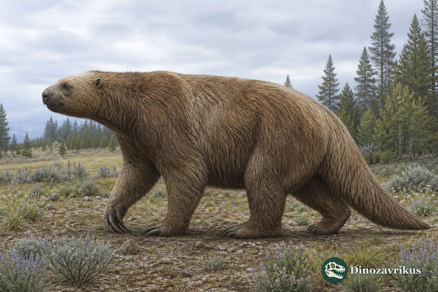 Reconstruction of Megalonyx walking through North American woodland