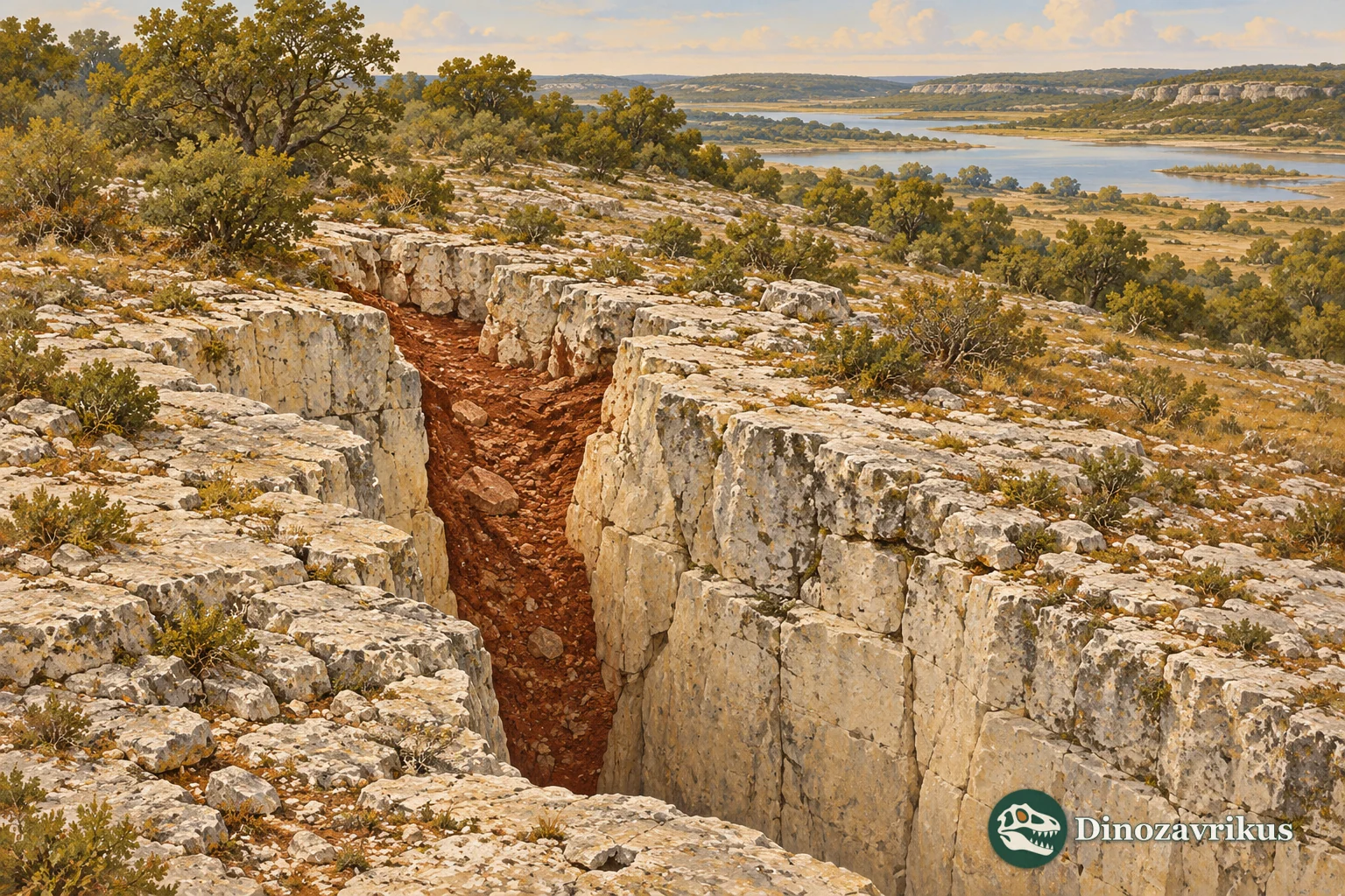 Artistic geological view of a karst fissure and phosphatic fill in Quercy