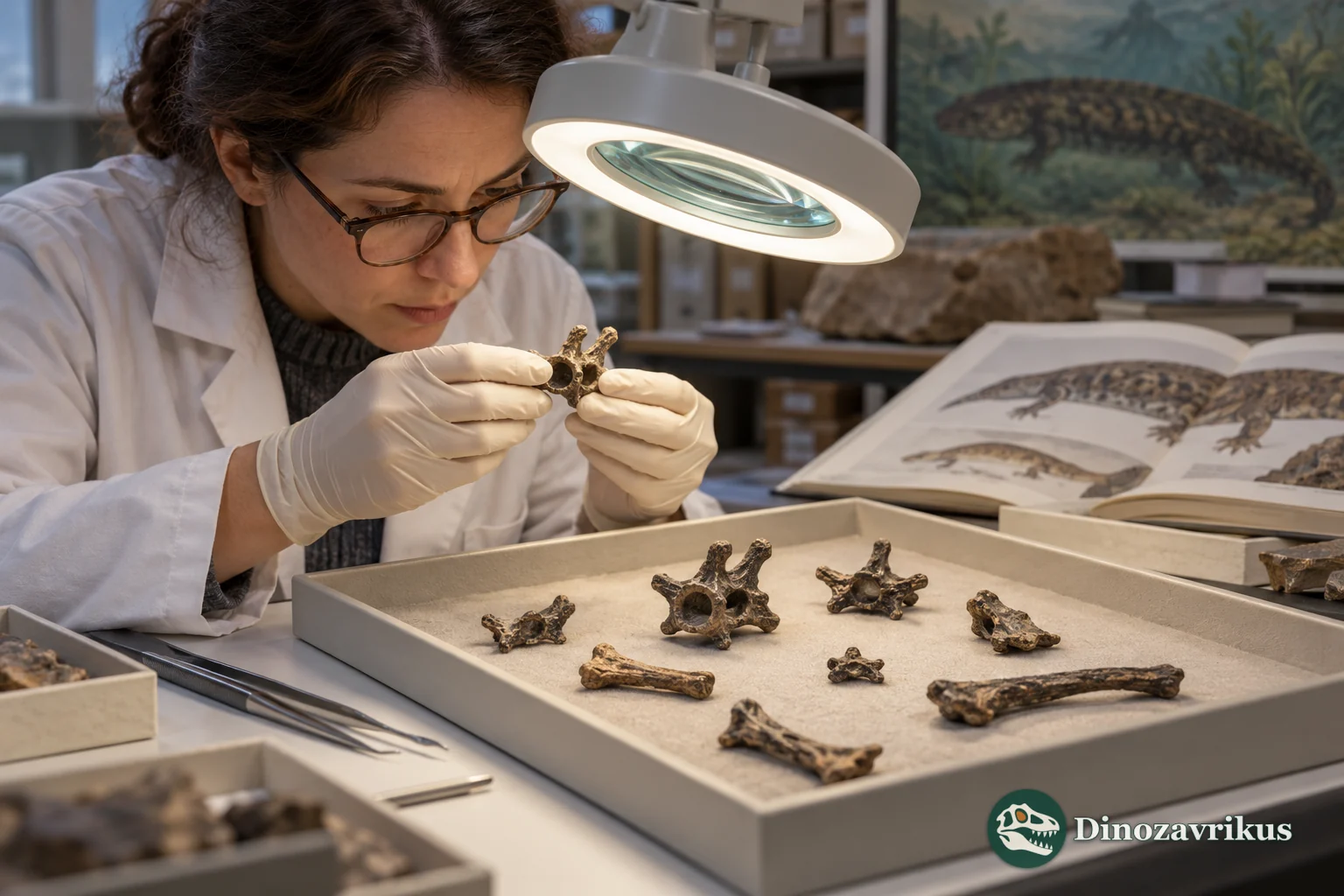 Conceptual museum scene with separate vertebrae and limb bones of a fossil salamander
