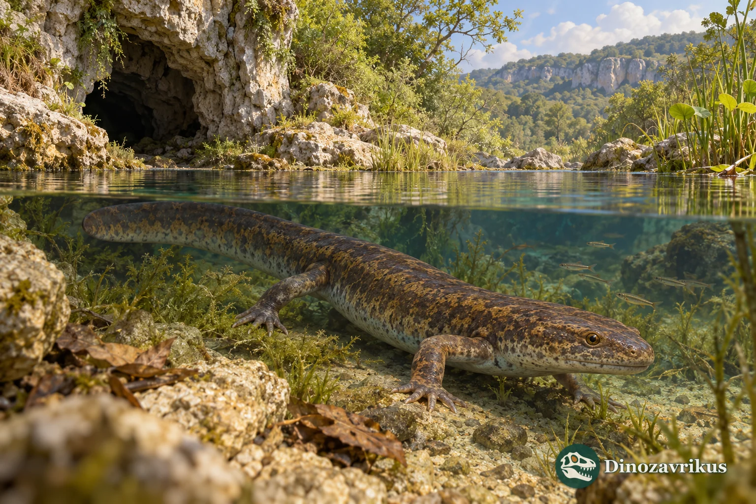 Artistic reconstruction of Megalotriton in fresh water near a Late Eocene karst landscape in southern France