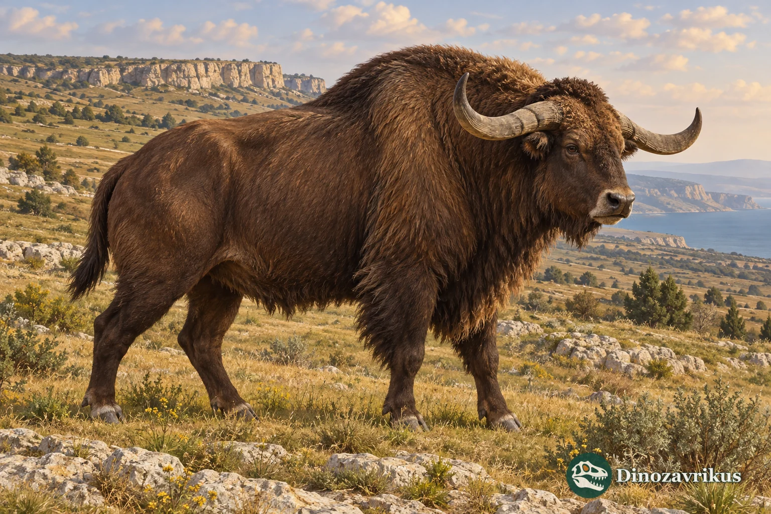Artistic reconstruction of a large Megalovis bovid in an Early Pleistocene Crimean landscape