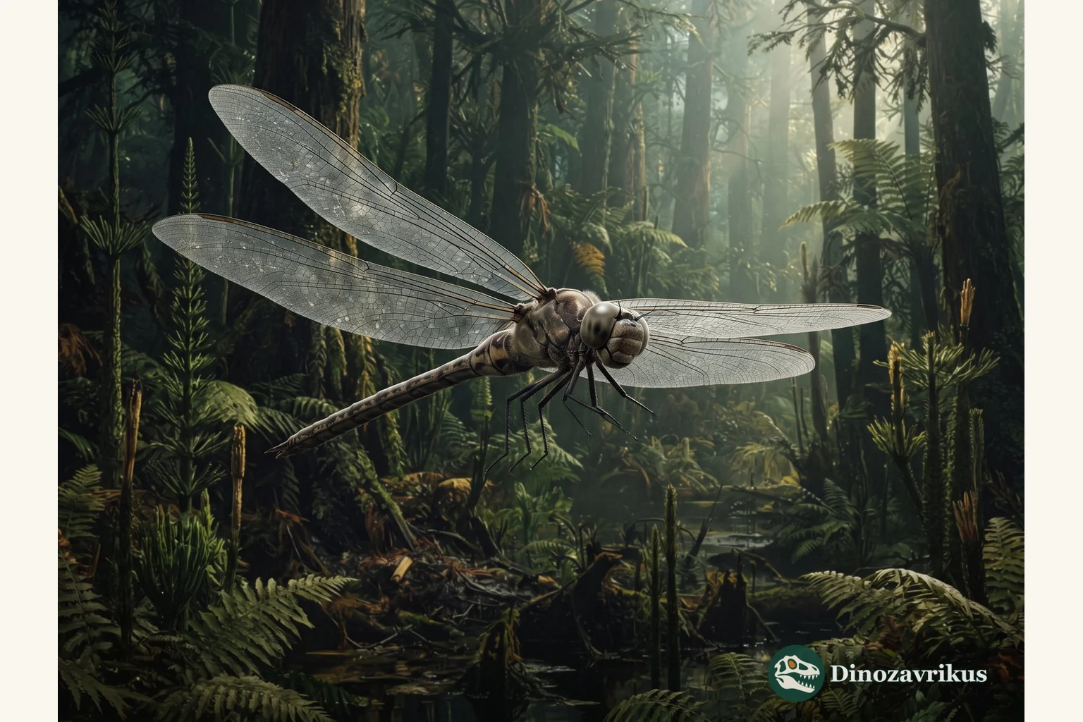 Meganeura flying above a Carboniferous wetland forest