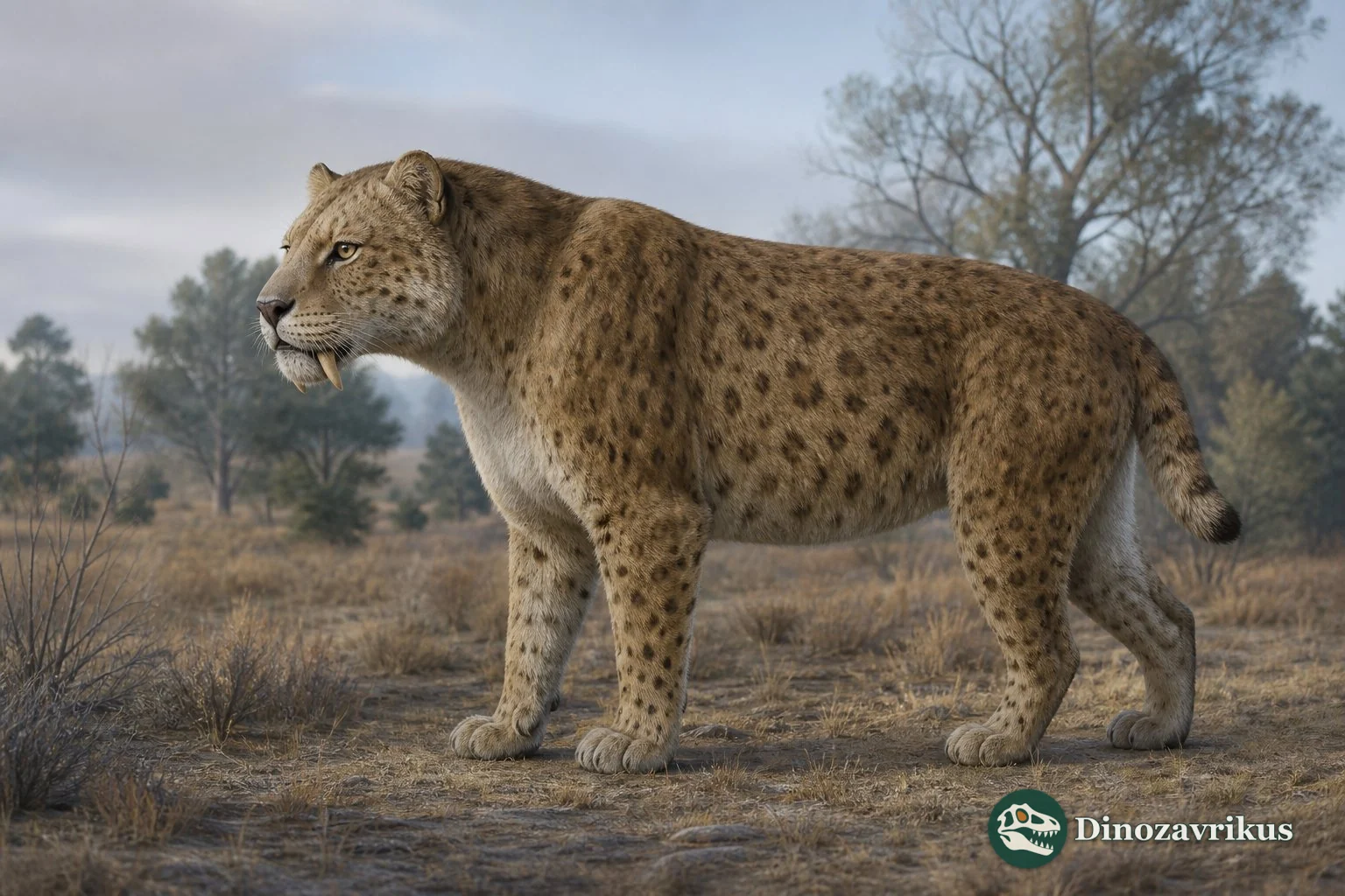 Reconstruction of Megantereon standing in an open Pliocene landscape