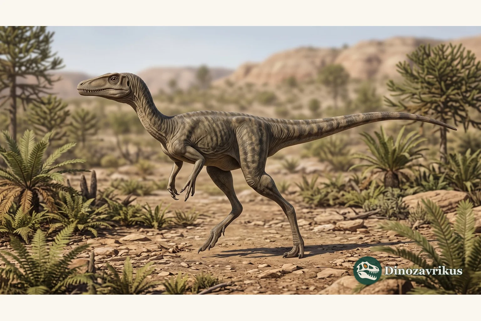 Megapnosaurus reconstructed as a small bipedal theropod in an Early Jurassic landscape
