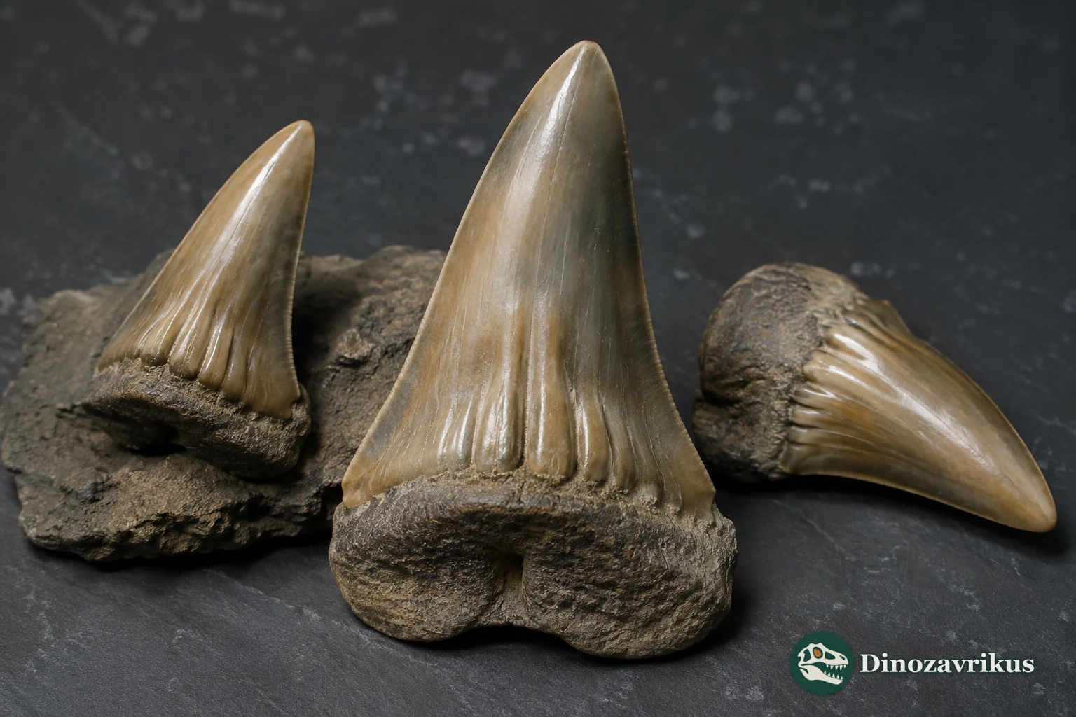 Fossil teeth of Megascyliorhinus with folded crowns and deep roots