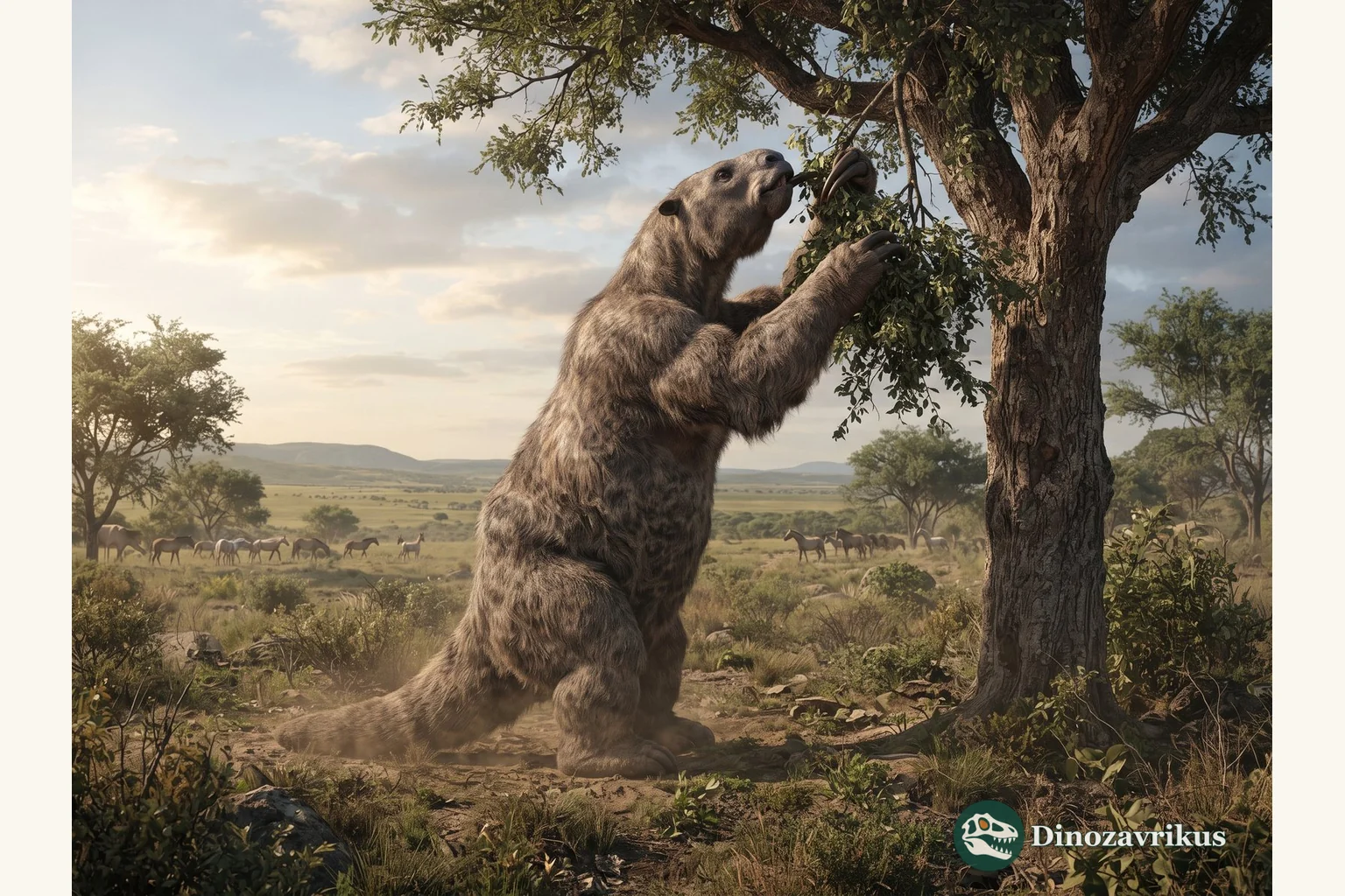 Megatherium americanum standing near a tree in a South American Pleistocene landscape