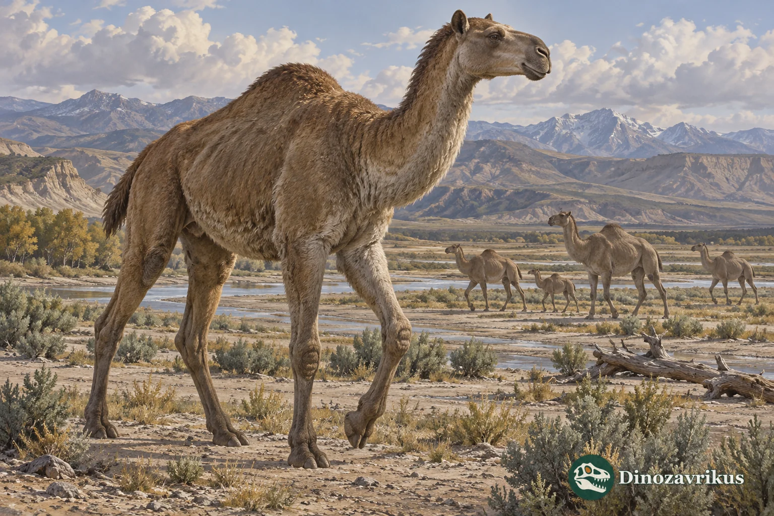 Megatylopus crossing an open Miocene floodplain in North America