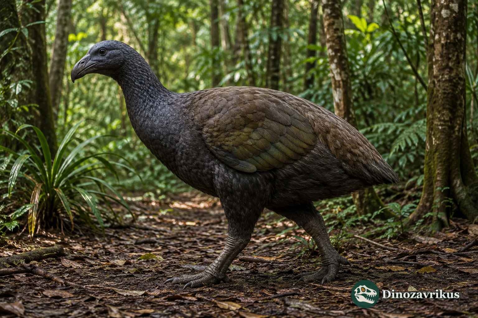 Megavitiornis reconstructed walking through a forest on Viti Levu
