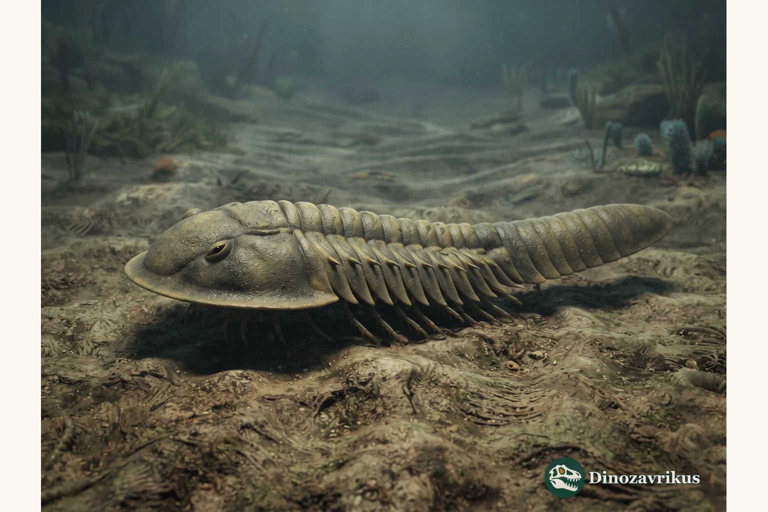 Reconstruction of Megistaspis with a broad head shield and segmented thorax on an Ordovician sea floor