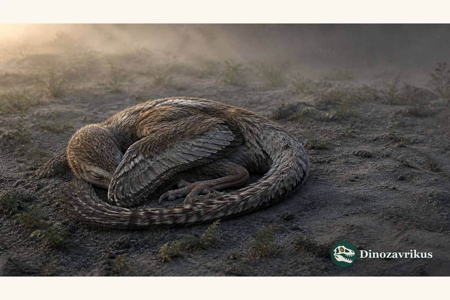 Mei long curled into a tucked resting pose on the Early Cretaceous ground