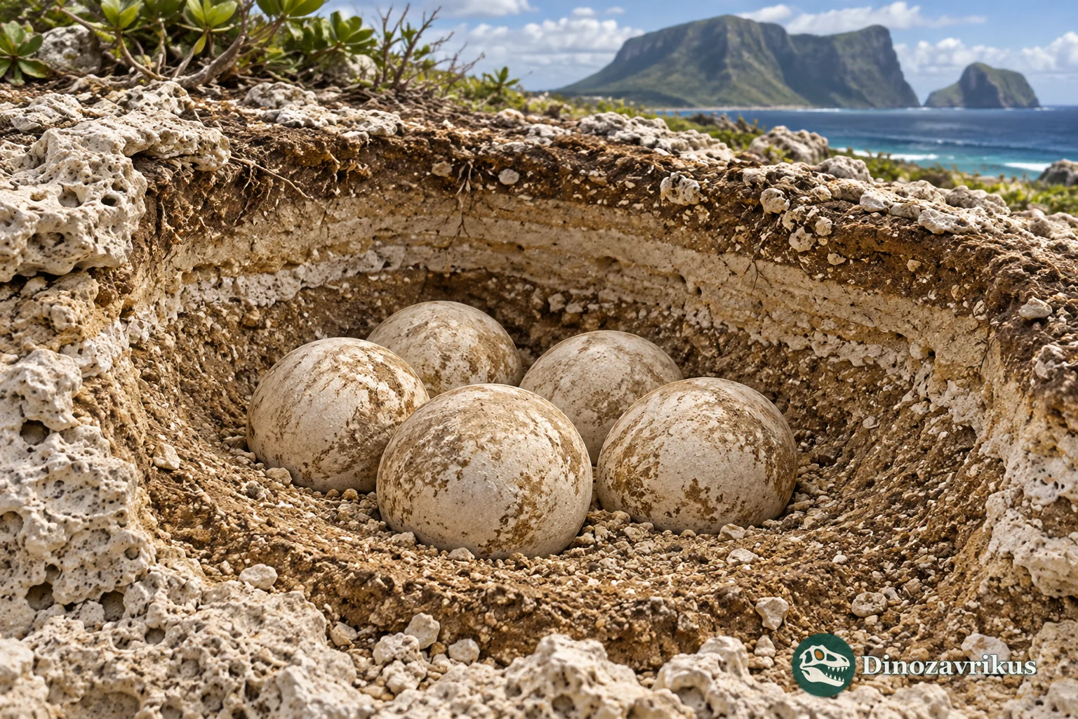 Artistic reconstruction of fossil Meiolania eggs arranged in a buried nest