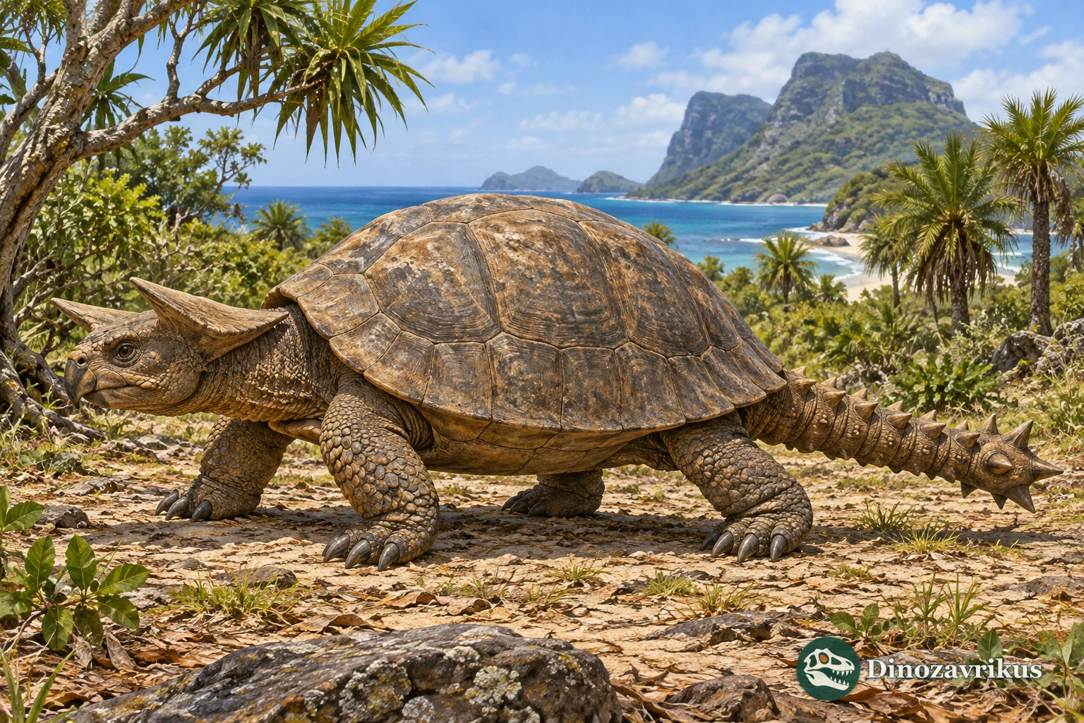 Artistic reconstruction of Meiolania platyceps on Lord Howe Island