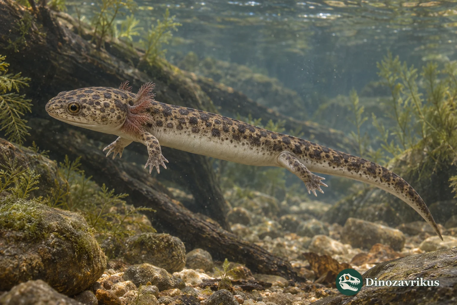 Melanerpeton tenerum with a preserved spotted dorsal pattern in an Early Permian stream