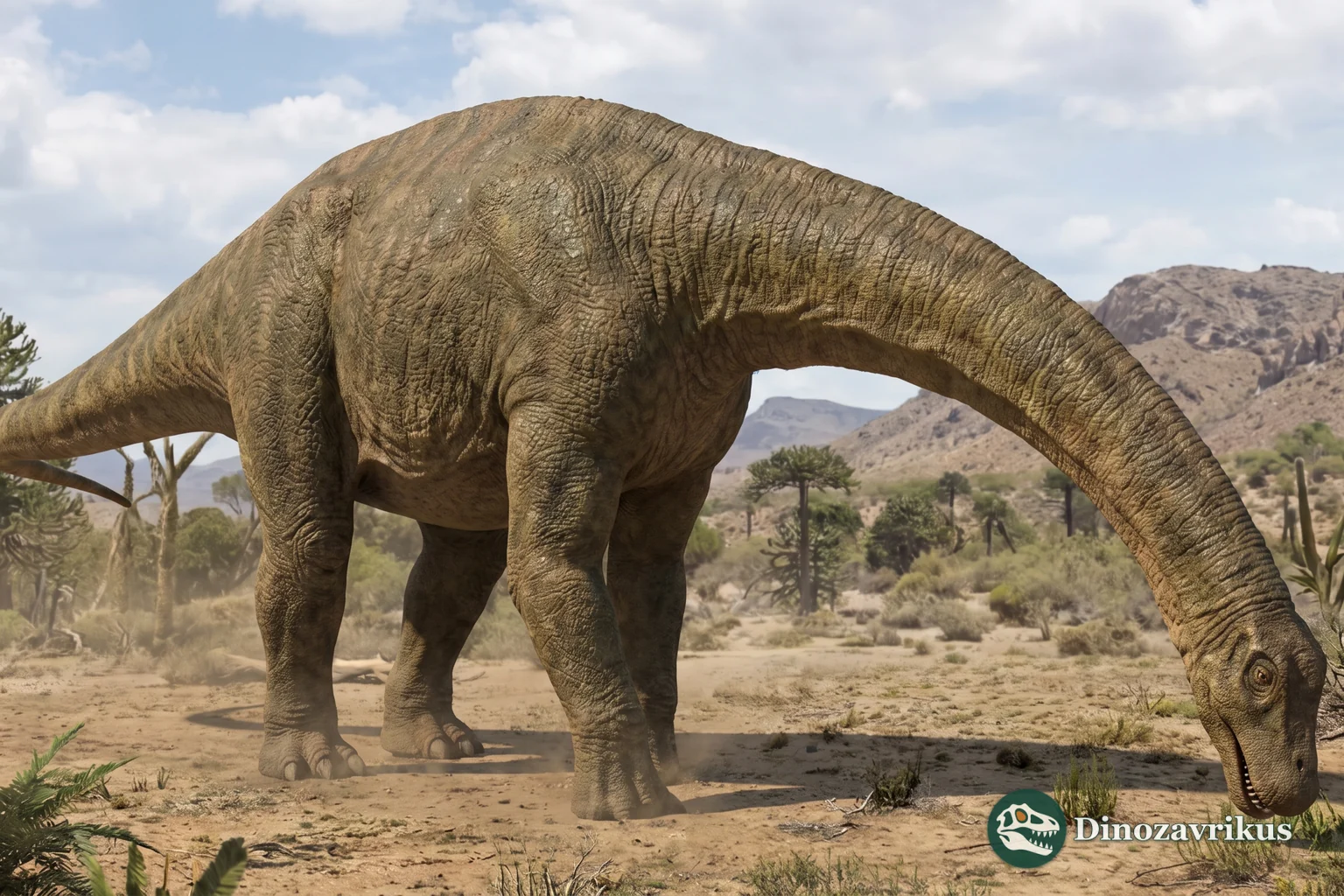 Reconstruction of Mendozasaurus on a Late Cretaceous Argentine floodplain