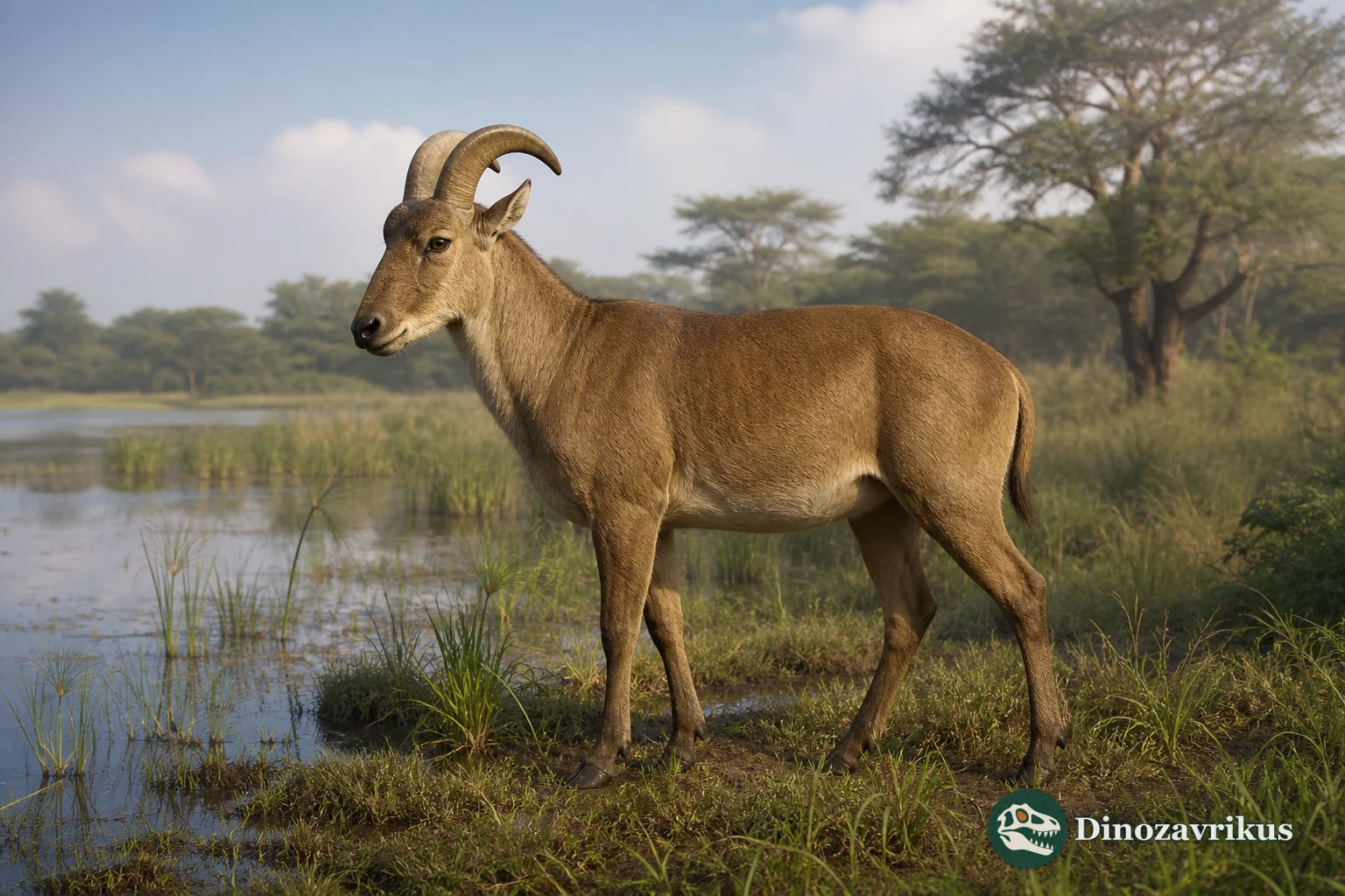 Menelikia standing in an East African wetland-edge landscape, with its lyre-shaped horn cores shown in detail