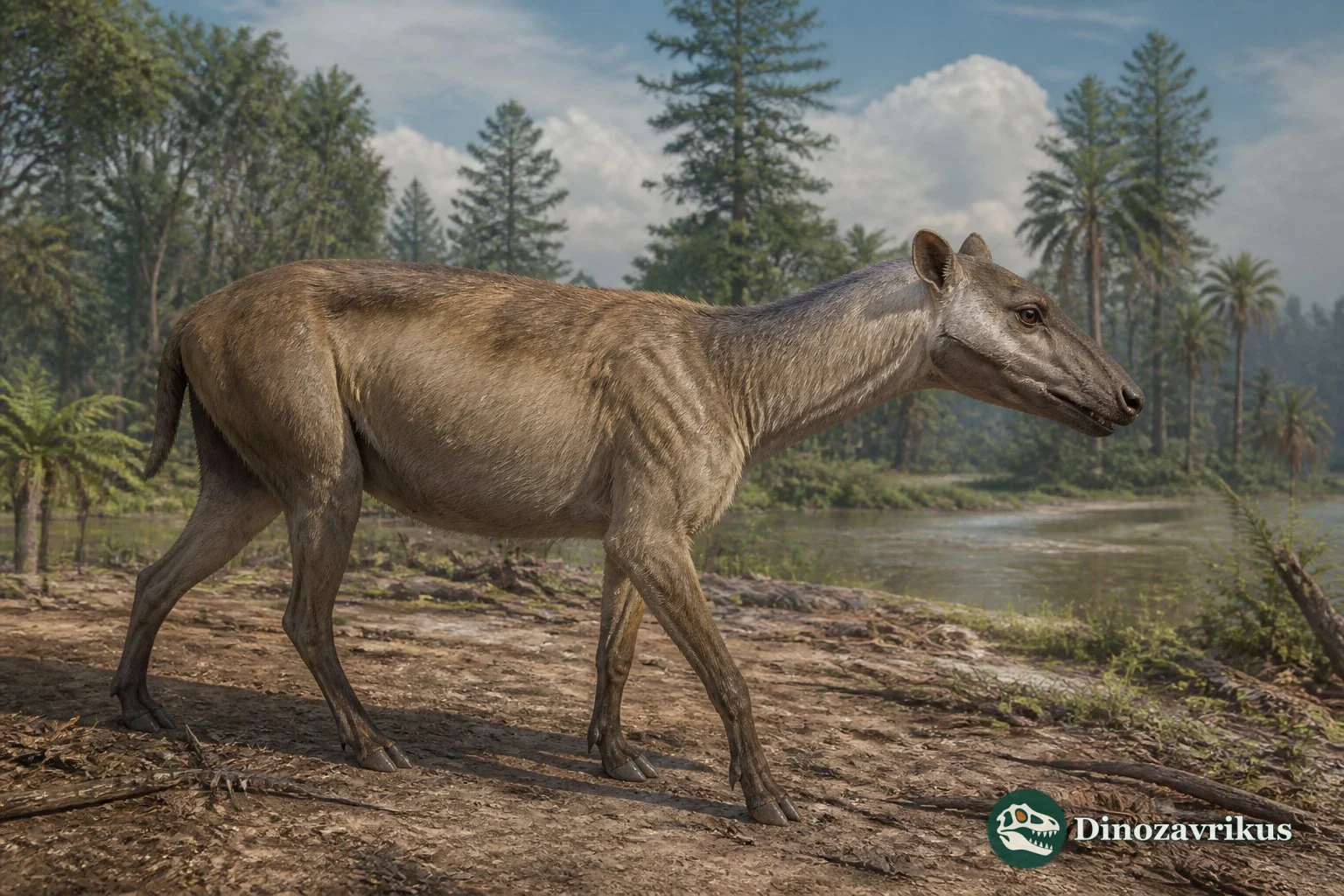 Merychyus reconstructed beside a Miocene river, with the robust body and elongated lower limbs visible